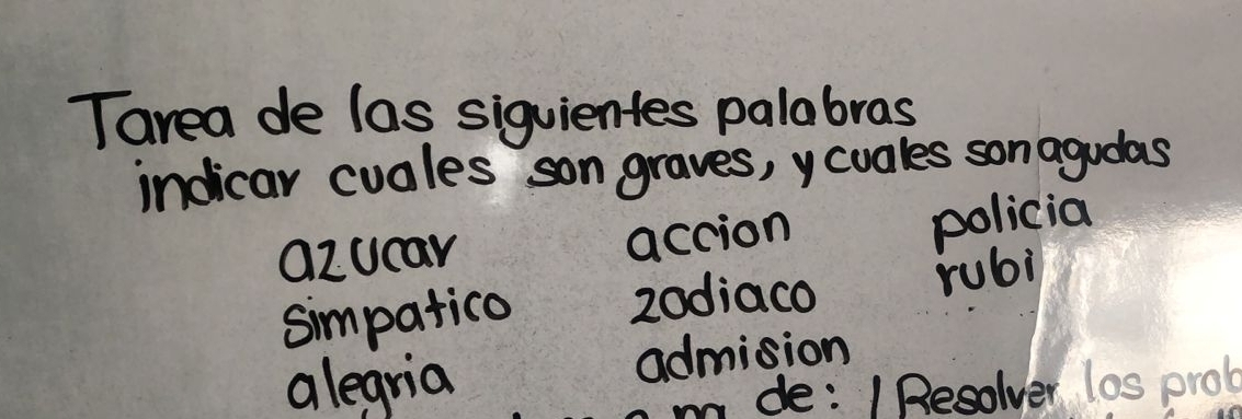 Tarea de las siquientes palabras 
indicar cuales son graves, ycuales sonagudas 
azucar accion 
policial 
simpatico 20diaco rubi 
alegria admision 
m de: / Resolver los prob