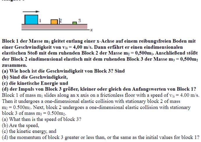 Block 1 der Masse m_1 gleitet entlang einer x -Achse auf einem reibungsfreien Boden mit 
einer Geschwindigkeit von v_1i=4,00m/s. Dann erfährt er einen eindimensionalen 
elastischen Stoß mit dem ruhenden Block 2 der Masse m_2=0,500m_1. Anschließend stößt 
der Block 2 eindimensional elastisch mit dem ruhenden Block 3 der Masse m_3=0,500m
zusammen. 
(a) Wie hoch ist die Geschwindigkeit von Block 3? Sind 
(b) Sind die Geschwindigkeit, 
(c) die kinetische Energie und 
(d) der Impuls von Block 3 größer, kleiner oder gleich den Anfangswerten von Block 1? 
Block 1 of mass m slides along an x axis on a frictionless floor with a speed of v_1i=4.00m/s. 
Then it undergoes a one-dimensional elastic collision with stationary block 2 of mass
m_2=0.500m_1. Next, block 2 undergoes a one-dimensional elastic collision with stationary 
block 3 of mass m_3=0.500m_2. 
(a) What then is the speed of block 3? 
(b) Are the speed, 
(c) the kinetic energy, and 
(d) the momentum of block 3 greater or less than, or the same as the initial values for block 1?