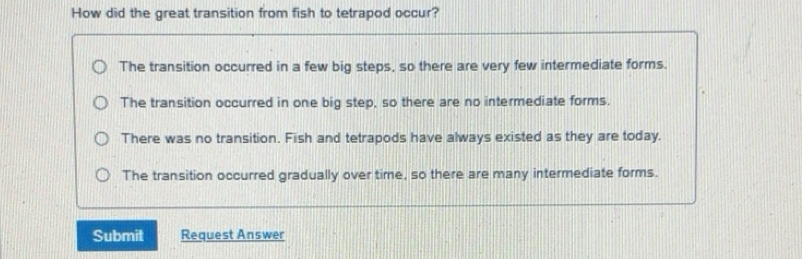 Solved: How did the great transition from fish to tetrapod occur? The ...