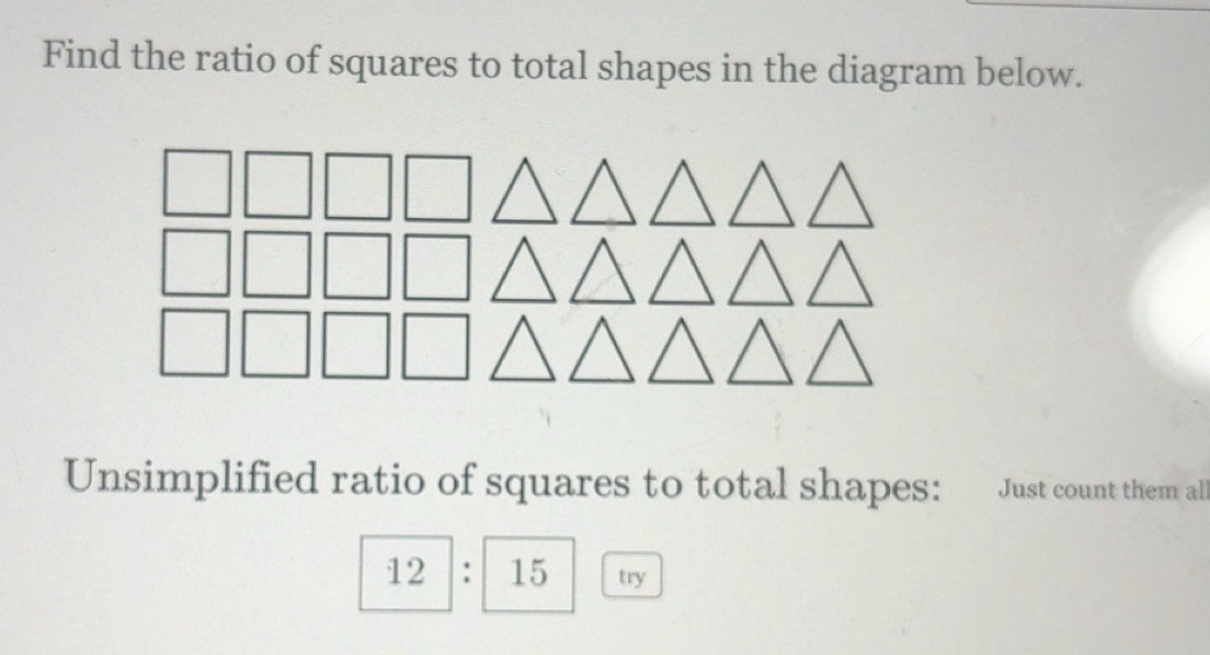 Resuelto:Find the ratio of squares to total shapes in the diagram below ...
