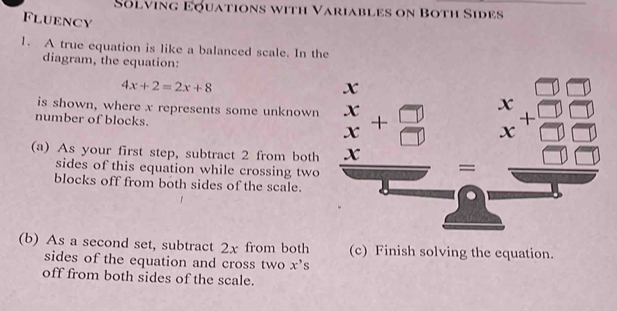 Solving Equations with Variables on Both Sides 
Fluency 
1. A true equation is like a balanced scale. In the 
diagram, the equation:
4x+2=2x+8
x
is shown, where x represents some unknown beginarrayr x xendarray +beginarrayr □  □ endarray beginarrayr □ □  x hline x x x hline □ □ □  hline □ □ endarray
number of blocks. 
(a) As your first step, subtract 2 from both x
sides of this equation while crossing two 
= 
blocks off from both sides of the scale. 
(b) As a second set, subtract 2x from both (c) Finish solving the equation. 
sides of the equation and cross two x^,s
off from both sides of the scale.