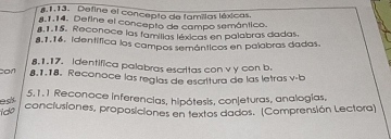 1:13. Define el concepto de familas léxicas. 
8.1.14. Define el concepto da campo semántico. 
#1.15. Reconoce las familias léxicas en palabras dadas. 
8.1,16. identífica los campos semánticos en palabras dadas. 
8.1.17. Identifica palabras escritas con v y con b. 
con 8.1.18. Reconoce las reglas de escritura de las letras v-b 
5.1. 1 Reconoce inferencias, hipótesis, conjeturas, analogías, 
es conclusiones, proposiciones en textos dados. (Comprensión Lectora) 
ido