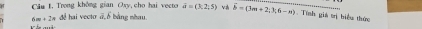 Câu t, Trong không gian Oxy, cho hai vecto overline a=(3,2,5) và overline b=(3m+2;3;6-m) Tính giả trị biểu thức
6m+2n để hai vectơ a,ổ bằng nhau.