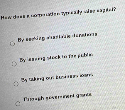 How does a corporation typically raise capital?
By seeking charitable donations
By issuing stock to the public
By taking out business loans
Through government grants