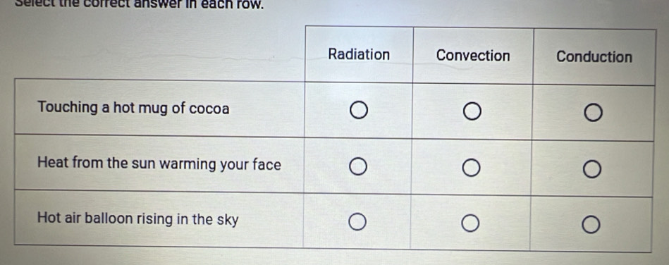 select the cofrect answer in each row.