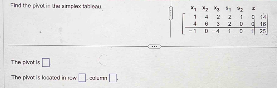 Find the pivot in the simplex tableau.
The pivot is □ .
The pivot is located in row □ , column □ .