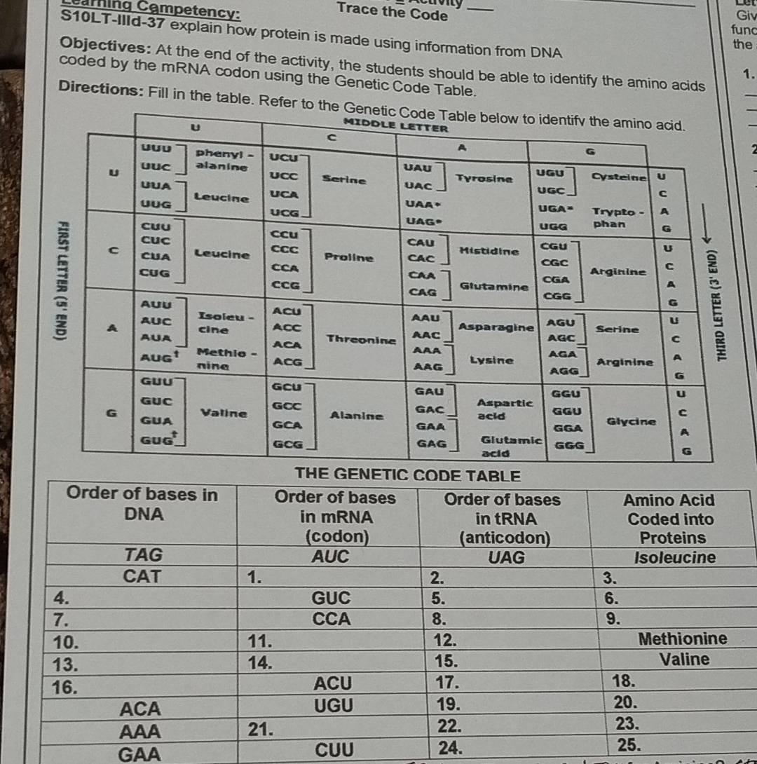 Let 
Caring Cąmpetency: 
Carvity Giv 
Trace the Code_ 
func 
S10LT-IlId-37 explain how protein is made using information from DNA 
the 
Objectives: At the end of the activity, the students should be able to identify the amino acids 
1. 
coded by the mRNA codon using the Genetic Code Table. 
_ 
_ 
Directions: Fill in the table. Ref 
_ 
7 
GAA CUU