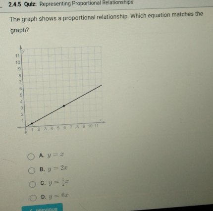 Representing Proportional Relationships
The graph shows a proportional relationship. Which equation matches the
graph?
A. y=x
B. y=2x
C. y= 1/2 x
D. y=6x