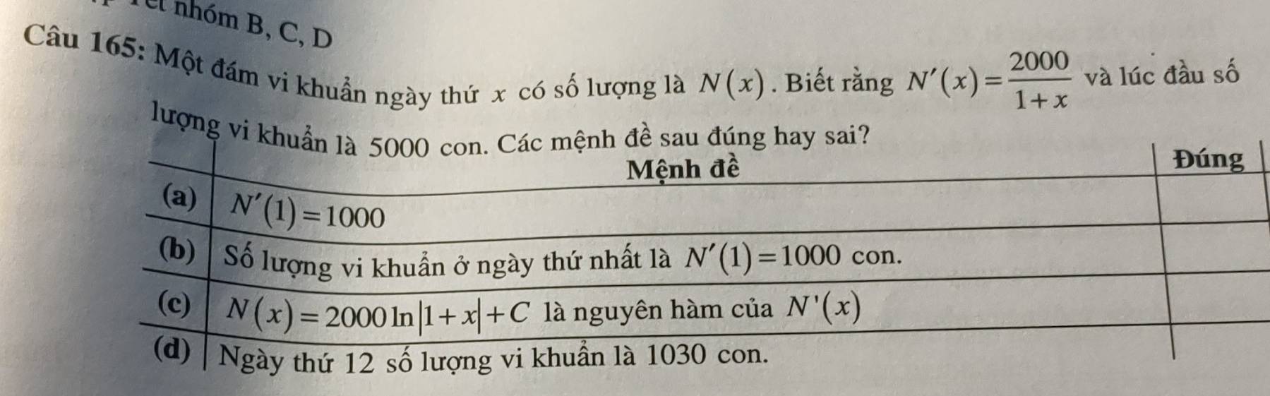 Tel nhóm B, C, D
Câu 165: Một đám vi khuẩn ngày thứ x có số lượng là . Biết rằng và lúc đầu số
N(x)
N'(x)= 2000/1+x 
lượ