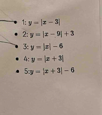 1: y=|x-3|
2: y=|x-9|+3
3: y=|x|-6
4:y=|x+3|
5:y=|x+3|-6