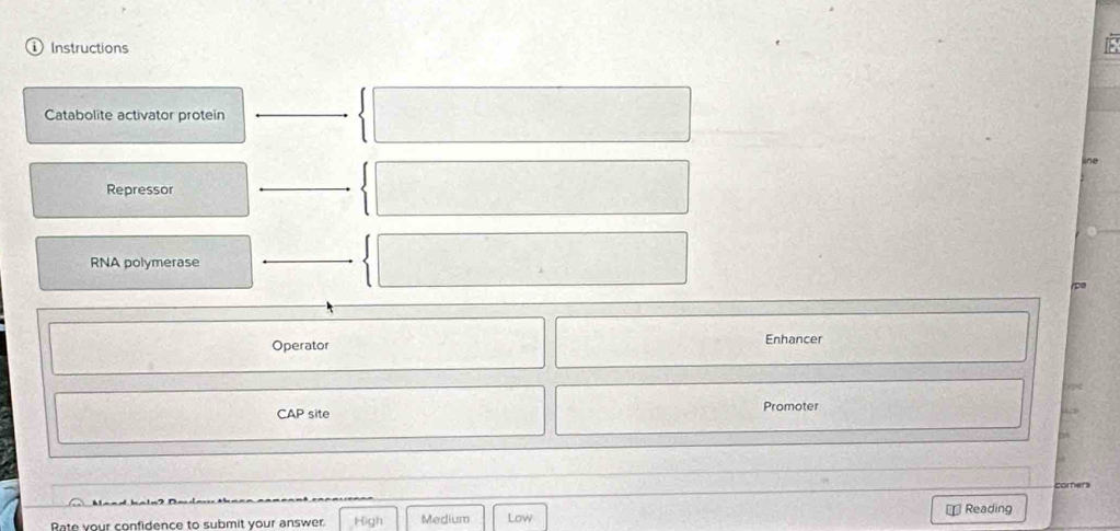 Instructions
Catabolite activator protein
Repressor
_
RNA polymerase_
pe
Operator Enhancer
CAP site
Promoter
a
Rate vour confidence to submit your answer. High Medium Low ⊥ Reading