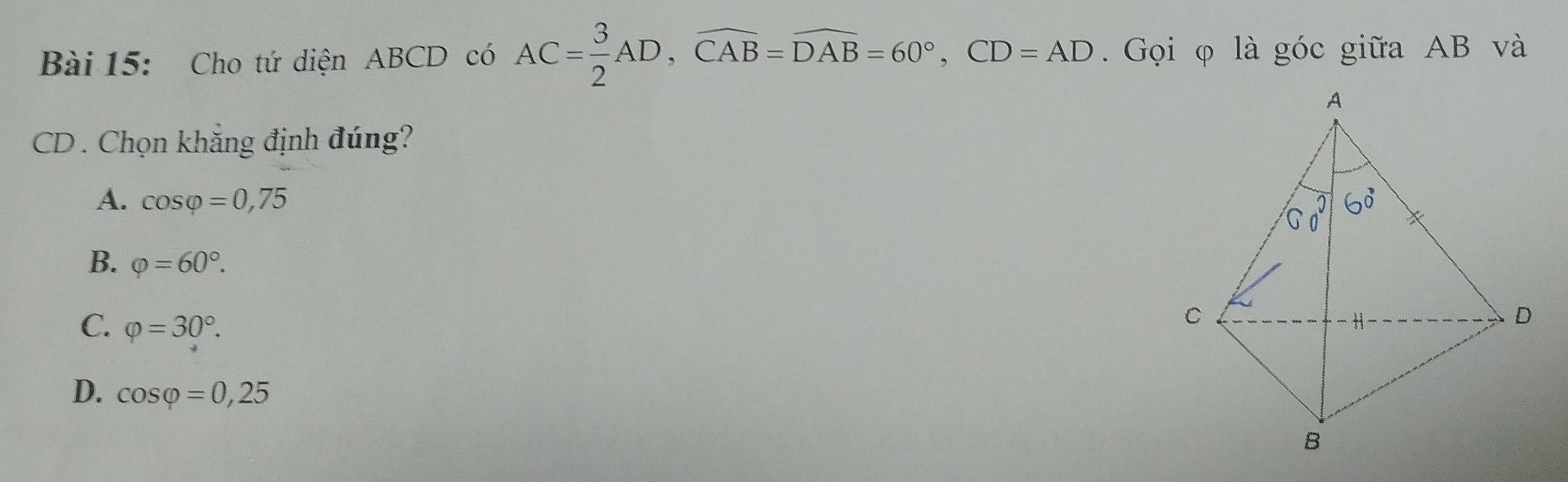 Cho tứ diện ABCD có AC= 3/2 AD, widehat CAB=widehat DAB=60°, CD=AD. Gọi φ là góc giữa AB và
CD. Chọn khắng định đúng?
A. cos varphi =0,75
B. varphi =60°.
C. phi =30°.
D. cos varphi =0,25