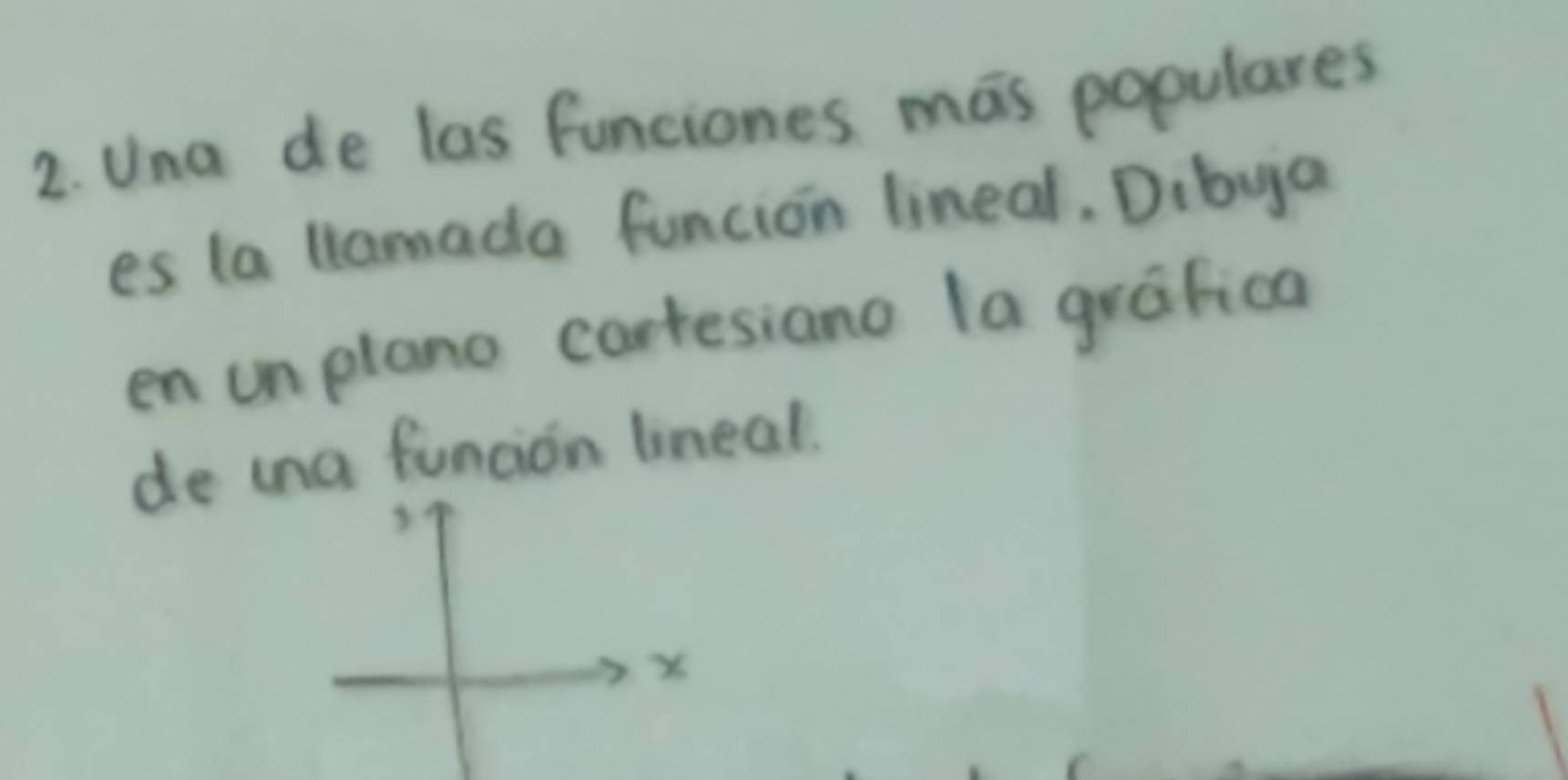 Una de las funciones mas populares 
es ta llamada funcion lineal. Dibya 
en unplano cartesiano la grafica 
de tna funcion lineal.
X