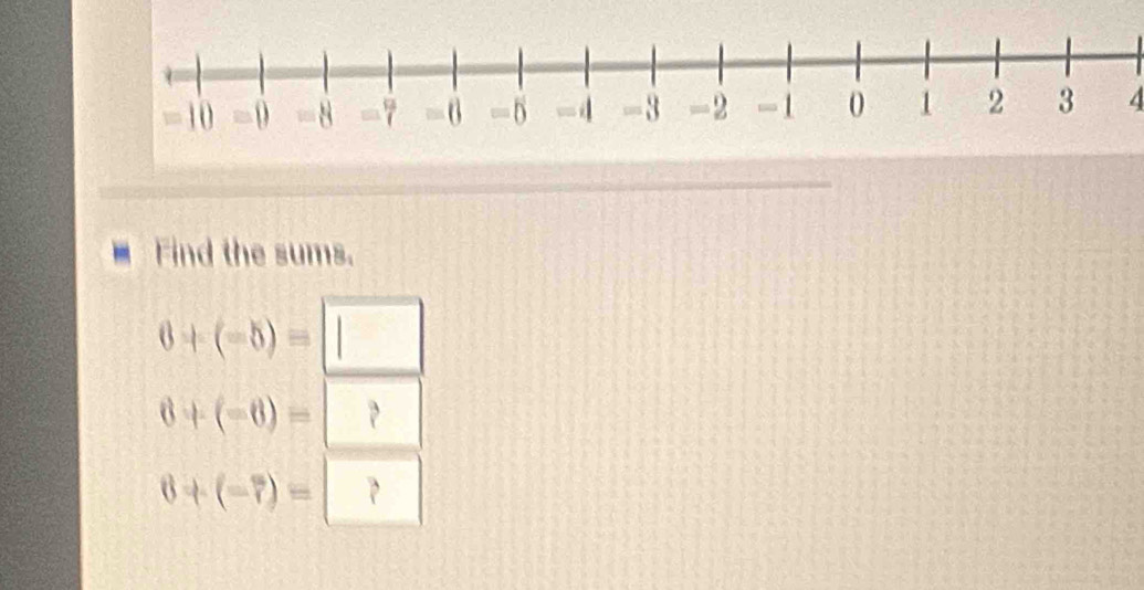 Find the sums.
6+(-5)=□
6+(-6)=□ ?
6+(-7)=?