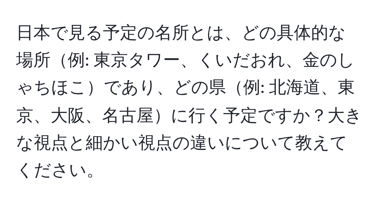 日本で見る予定の名所とは、どの具体的な場所例: 東京タワー、くいだおれ、金のしゃちほこであり、どの県例: 北海道、東京、大阪、名古屋に行く予定ですか？大きな視点と細かい視点の違いについて教えてください。