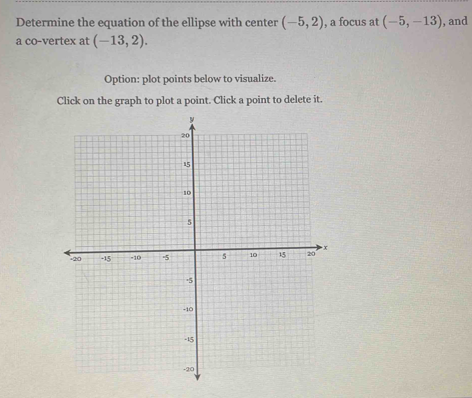 Determine the equation of the ellipse with center (-5,2) , a focus at (-5,-13) , and 
a co-vertex at (-13,2). 
Option: plot points below to visualize. 
Click on the graph to plot a point. Click a point to delete it.