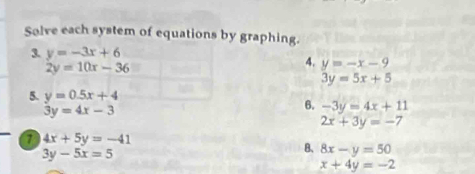 Solve each system of equations by graphing. 
3. y=-3x+6
2y=10x-36
4. y=-x-9
3y=5x+5
5. y=0.5x+4
3y=4x-3
6. -3y=4x+11
2x+3y=-7
a 4x+5y=-41
3y-5x=5
B、 8x-y=50
x+4y=-2