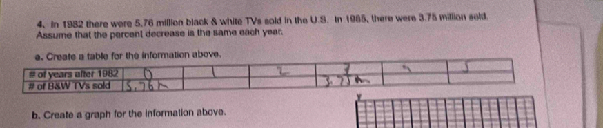 In 1982 there were 5.76 million black & white TVs sold in the U.S. In 1985, there were 3.75 million seld. 
Assume that the percent decrease is the same each year. 
b. Create a graph for the information above.