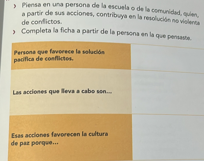 > Piensa en una persona de la escuela o de la comunidad, quien, 
a partir de sus acciones, contribuya en la resolución no violenta 
de conflictos. 
Completa la ficha a partir de la persona en la que pensaste. 
Persona que favorece la solución 
pacífica de conflictos. 
Las acciones que lleva a cabo son... 
Esas acciones favorecen la cultura 
de paz porque...