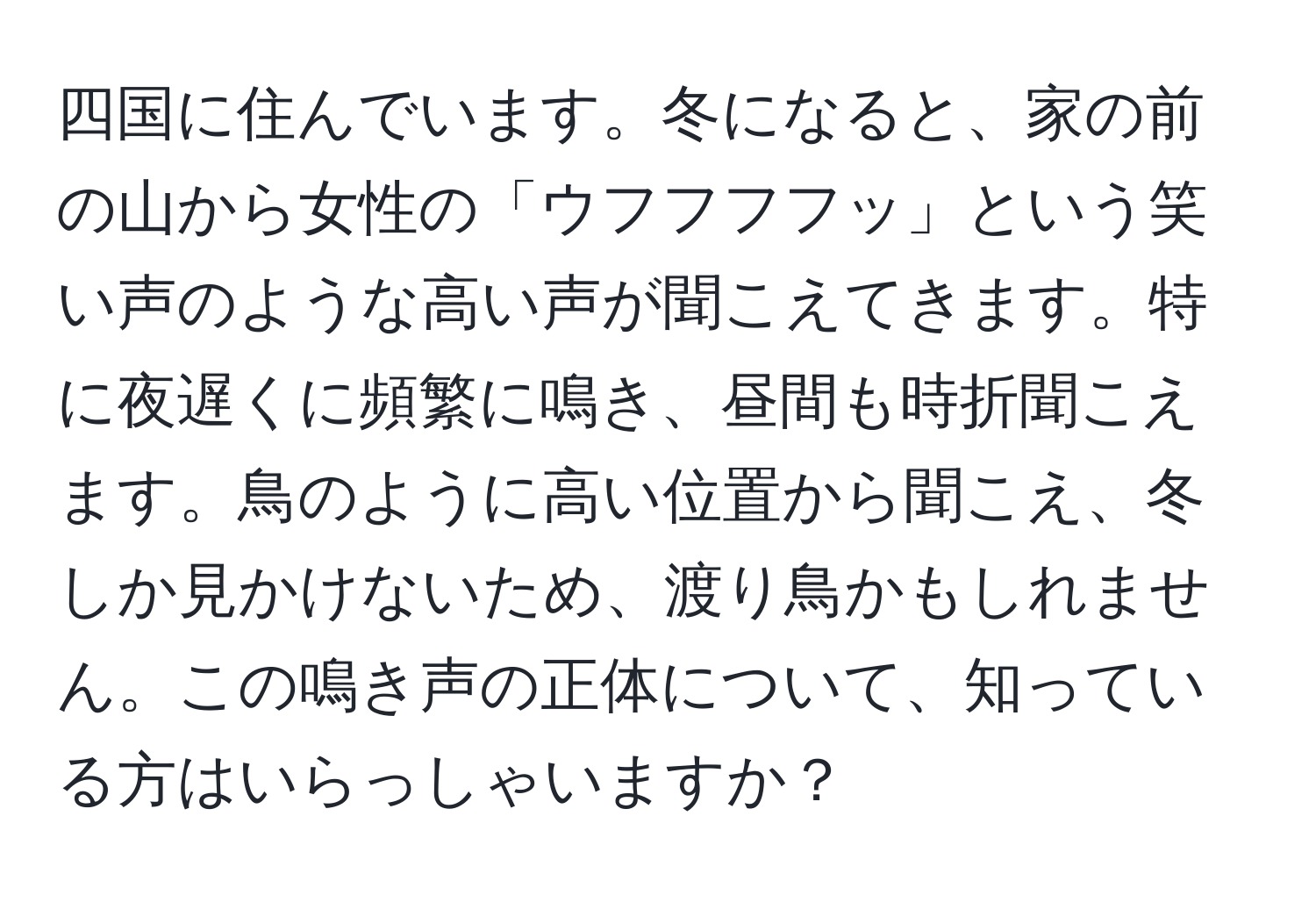 四国に住んでいます。冬になると、家の前の山から女性の「ウフフフフッ」という笑い声のような高い声が聞こえてきます。特に夜遅くに頻繁に鳴き、昼間も時折聞こえます。鳥のように高い位置から聞こえ、冬しか見かけないため、渡り鳥かもしれません。この鳴き声の正体について、知っている方はいらっしゃいますか？