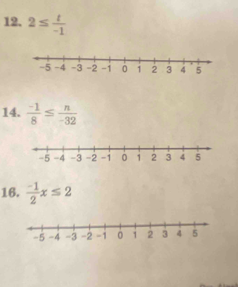 2≤  t/-1 
14.  (-1)/8 ≤  n/-32 
16.  (-1)/2 x≤ 2