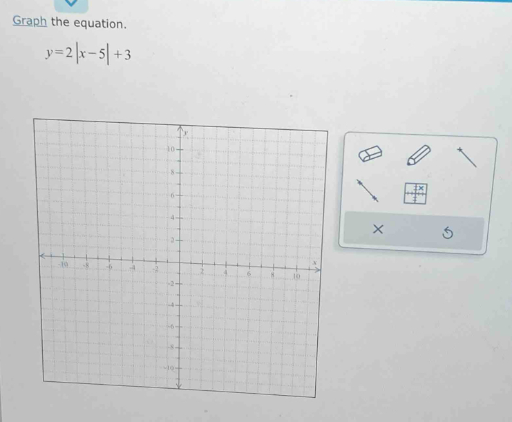 Graph the equation.
y=2|x-5|+3
×