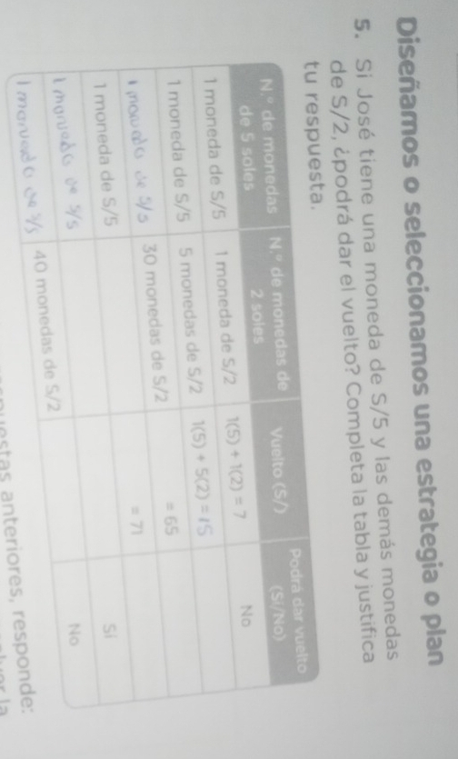 Diseñamos o seleccionamos una estrategia o plan
5. Si José tiene una moneda de S/5 y las demás monedas
de S/2, ¿podrá dar el vuelto? Completa la tabla y justifica
unstas anteriores