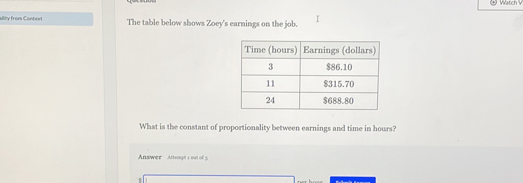 Watch 
ality from Context The table below shows Zoey's earnings on the job. 
What is the constant of proportionality between earnings and time in hours? 
Answer Attempt 1 out of 3 
s