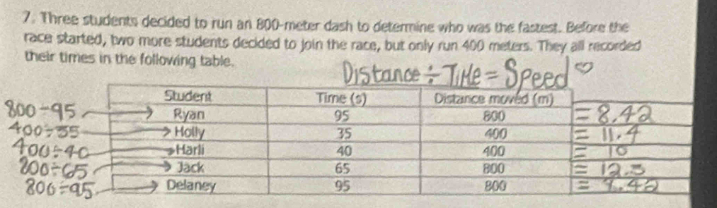 Three students decided to run an 800-meter dash to determine who was the fastest. Before the 
race started, two more students decided to join the race, but only run 400 meters. They all recorded 
their times in the following table.