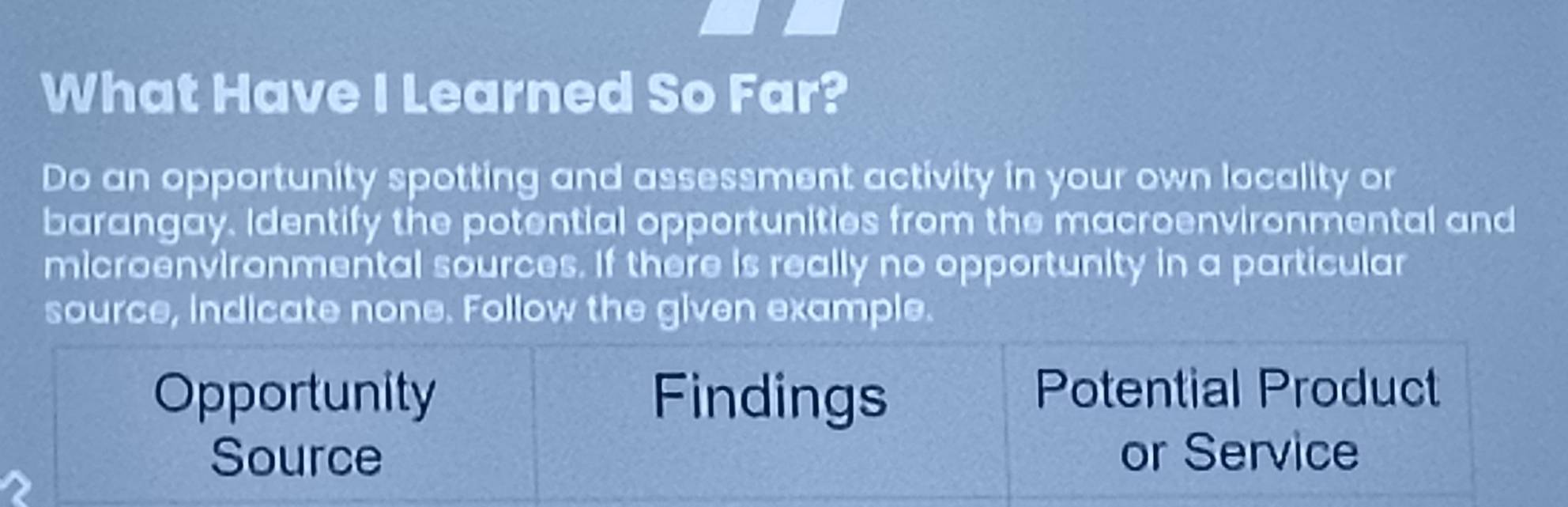 What Have I Learned So Far? 
Do an opportunity spotting and assessment activity in your own locality or 
barangay. Identify the potential opportunities from the macroenvironmental and 
microenvironmental sources. If there is really no opportunity in a particular 
source, indicate none. Follow the given example. 
Opportunity Findings 
Potential Product 
Source or Service