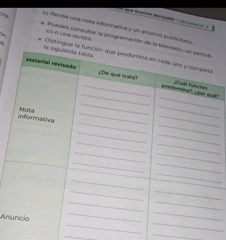 ore 
los que buscan persuadir í sEcUEnciA 2 
b) Revisa una nota informativa y un anuncio publicitario 
ón 
co o una revista. 
Puedes consultar la programación de la tel 
a 
Distingue la 
? 
An 
_ 
_