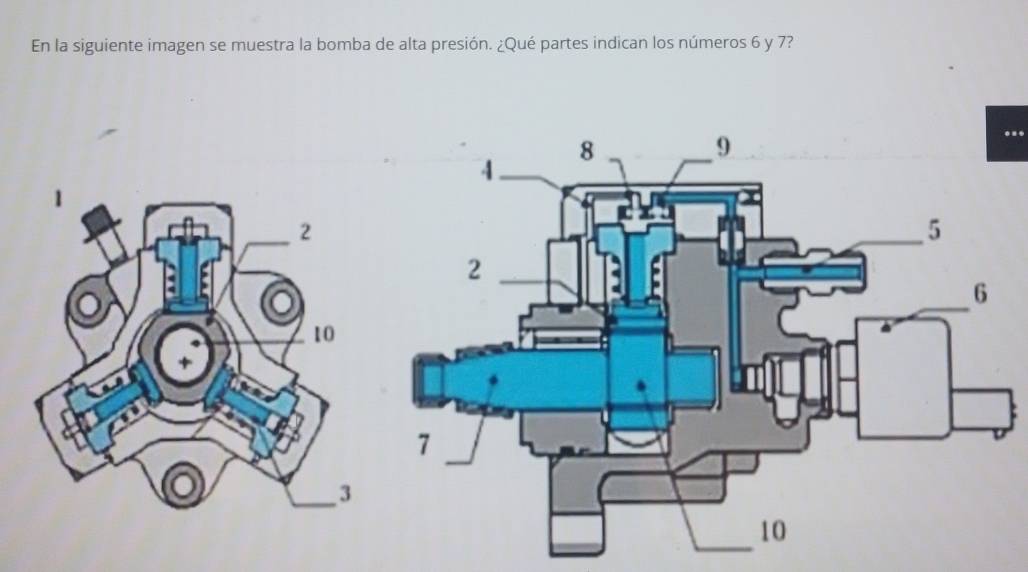 En la siguiente imagen se muestra la bomba de alta presión. ¿Qué partes indican los números 6 y 7? 
.