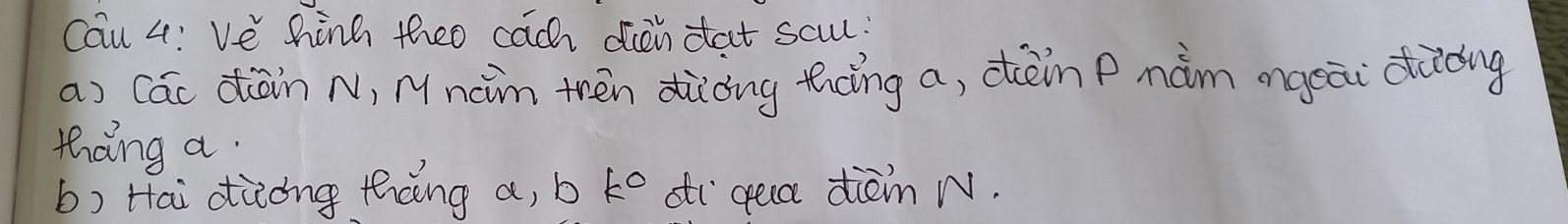 Cau 4: Ve hinh theo cach dién dat scu: 
a) Các diàin N, M naim trèn dàòng tièing a, ccèin p nàm mgeāi dàdng 
thang a. 
b) Hai diòng thng a, b ke stì`gea dièin N.