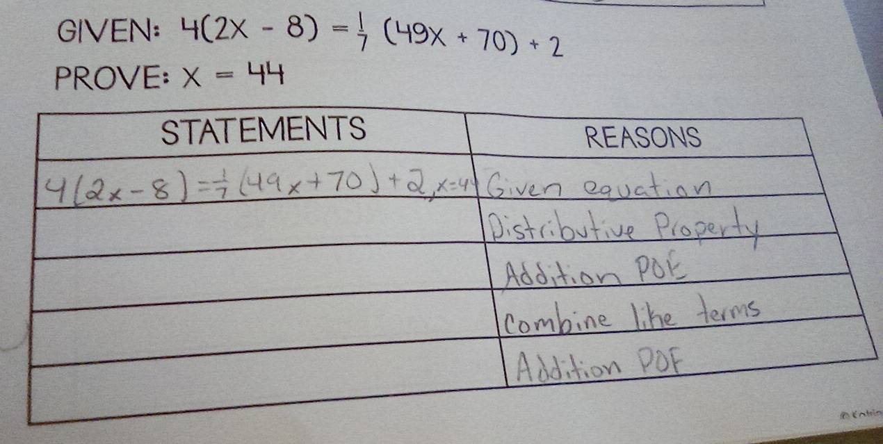GIVEN: 4(2x-8)= 1/7 (49x+70)+2
PROVE: x=44
tria