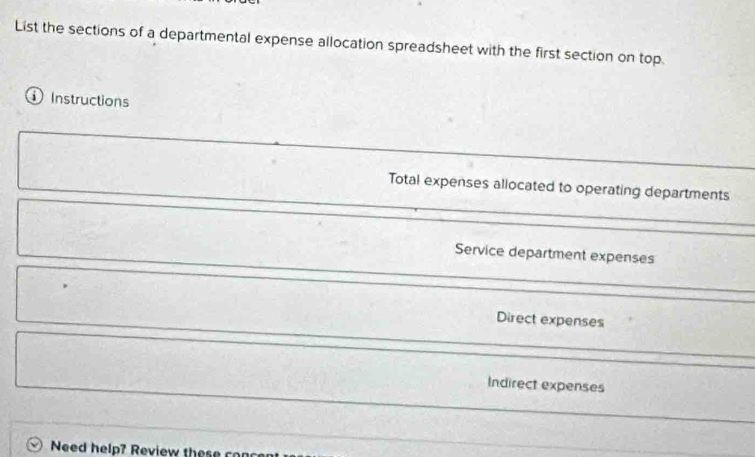 List the sections of a departmental expense allocation spreadsheet with the first section on top.
① Instructions
Total expenses allocated to operating departments
Service department expenses
Direct expenses
Indirect expenses
Need help? Review these con