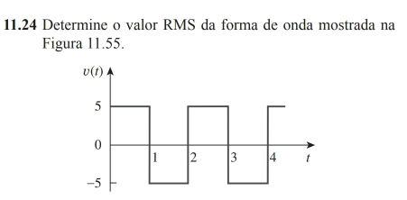 11.24 Determine o valor RMS da forma de onda mostrada na 
Figura 11.55.
v(t)
5
0
1 2 3 4 t
-5