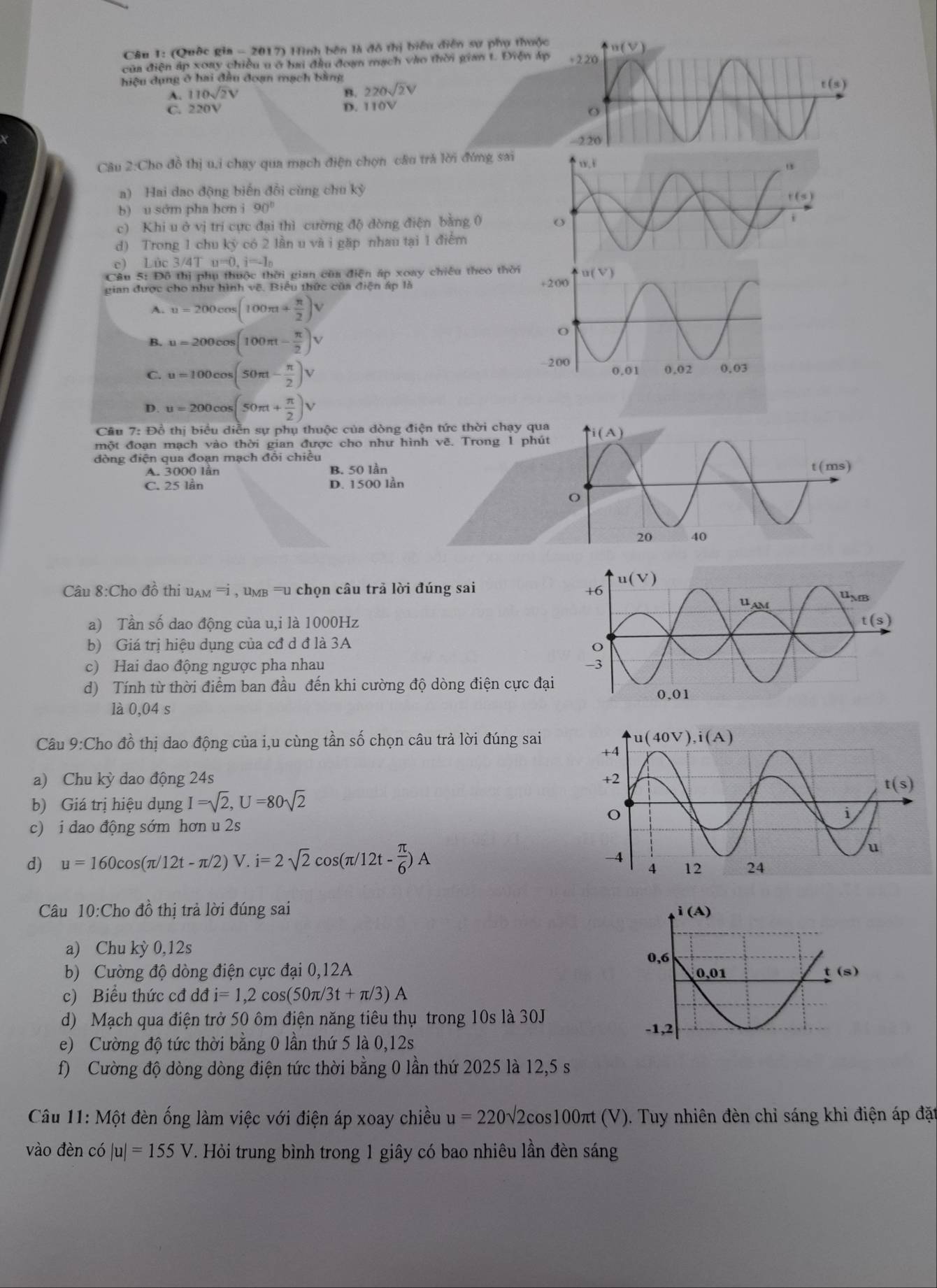 (Quốc gia - 2017) Hình bên là đô thị biểu điễn sự phụ thuộ
của điện áp xoay chiều u ở bai đầu đoạn mạch vào thời gian t. Điện á
hiệu dụng ở hai đầu đoạn mạch bằng
A. 110sqrt(2)V
B. 220sqrt(2)V
C. 220V D. 110V
Câu 2:Cho đồ thị u,i chạy qua mạch điện chọn câu trả lời đứng sai
a) Hai dao động biến đổi cùng chu kỷ
b) u sớm pha hơn i 90°
c) Khi u ở vị trí cực đại thì cường độ dòng điện bằng 0 
d) Trong 1 chu kỷ có 2 lần u và i gặp nhau tại 1 điểm
c) Lúc3 3/4Tu=0,i=-1_0
Câu 5: Đô thị phụ thuộc thời gian của điện áp xoay chiếu theo thời
gian được cho như hình vẽ. Biểu thức của điện áp là
1 u=200cos (100π t+ π /2 )V
B. u=200cos (100π t- π /2 )V
C. u=100cos (50π t- π /2 )V
D. u=200cos (50π t+ π /2 )V
Cầu 7: Đồ thị biều diễn sự phụ thuộc của dòng điện tức thời chạy qua
một đoạn mạch vào thời gian được cho như hình vẽ. Trong 1 phú
đòng điện qua đoạn mạch đôi chiêu
A. 3000 lần B. 50 lần
C. 25 lần D. 1500 lần
Câu 8:Cho đồ thi uam =i , umb =u chọn câu trả lời đúng sai 
a) Tần số dao động của u,i là 1000Hz
b) Giá trị hiệu dụng của cđ d đ là 3A
c) Hai dao động ngược pha nhau 
d) Tính từ thời điểm ban đầu đến khi cường độ dòng điện cực đại
là 0,04 s
Câu 9:Cho đồ thị dao động của i,u cùng tần số chọn câu trả lời đúng sai
a) Chu kỳ dao động 24s 
b) Giá trị hiệu dụng I=sqrt(2),U=80sqrt(2)
c) i dao động sớm hơn u 2s
d) u=160cos (π /12t-π /2)V. i=2sqrt(2)cos (π /12t- π /6 )A
Câu 10:Cho đồ thị trả lời đúng sai i(A)
a) Chu kỳ 0,12s
b) Cường độ dòng điện cực đại 0,12A 0,6 0.01 t(s)
c) Biểu thức cđ dđ i=1,2cos (50π /3t+π /3)A
d) Mạch qua điện trở 50 ôm điện năng tiêu thụ trong 10s là 30J
-1,2
e) Cường độ tức thời bằng 0 lần thứ 5 là 0,12s
f) Cường độ dòng dòng điện tức thời bằng 0 lần thứ 2025 là 12,5 s
Câu 11: Một đèn ống làm việc với điện áp xoay chiều u=220sqrt(2)cos s100π (V). Tuy nhiên đèn chỉ sáng khi điện áp đặt
vào đèn có |u|=155V 7. Hỏi trung bình trong 1 giây có bao nhiêu lần đèn sáng