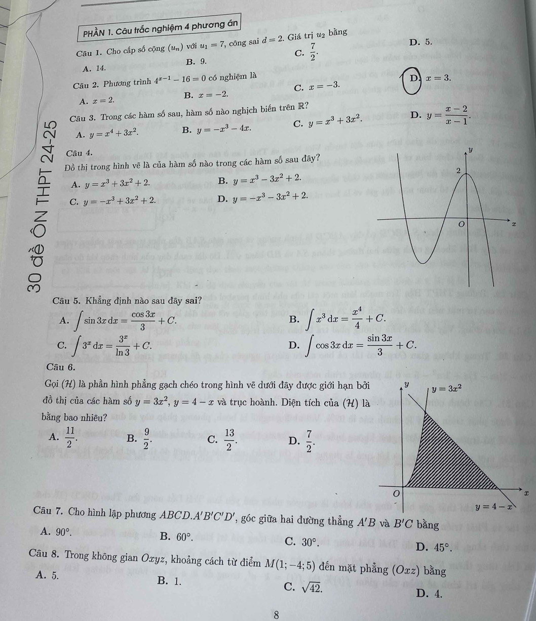 PHÀN 1. Câu trắc nghiệm 4 phương án
Câu 1. Cho cấp số cộng (u_n) với u_1=7 , công sai d=2 *. Giá trị u2 bằng
C.  7/2 .
D. 5.
B. 9.
A. 14.
Câu 2. Phương trình 4^(x-1)-16=0 có nghiệm là
D
C. x=-3. x=3.
B. x=-2.
A. x=2.
Câu 3. Trong các hàm số sau, hàm số nào nghịch biến trên R?
A. y=x^4+3x^2. B. y=-x^3-4x. C. y=x^3+3x^2. D. y= (x-2)/x-1 .
Câu 4.
Đồ thị trong hình vẽ là của hàm số nào trong các hàm số sau đây?
A. y=x^3+3x^2+2.
B. y=x^3-3x^2+2.
C. y=-x^3+3x^2+2.
D. y=-x^3-3x^2+2.
Câu 5. Khẳng định nào sau đây sai?
A. ∈t sin 3xdx= cos 3x/3 +C. ∈t x^3dx= x^4/4 +C.
B.
C. ∈t 3^xdx= 3^x/ln 3 +C. ∈t cos 3xdx= sin 3x/3 +C.
D.
Câu 6.
Gọi (H) là phần hình phẳng gạch chéo trong hình vẽ dưới đây được giới hạn bởi
đồ thị của các hàm số y=3x^2,y=4-x và trục hoành. Diện tích của (H) là
bằng bao nhiêu?
A.  11/2 . B.  9/2 . C.  13/2 . D.  7/2 .
Câu 7. Cho hình lập phương ABCD.A A'B'C'D' ',góc giữa hai đường thẳng A'B và B'C bǎng
A. 90°.
B. 60°.
C. 30°.
D. 45°.
Câu 8. Trong không gian Oxyz, khoảng cách từ điểm M(1;-4;5) đến mặt phẳng (Oxz) bằng
A. 5. B. 1. C. sqrt(42).
D. 4.
8