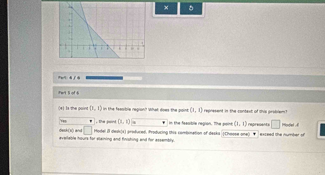 × 5
Part: 4 / 6
Part 5 of 6
(e) Is the point (1,1) in the feasible region? What does the point (1,1) represent in the context of this problem?
Yes , the point (1,1) is in the feasible region. The point (1,1) represents □ Model A
desk(s) and □ Model B desk(s) produced. Producing this combination of desks  (Choose one) exceed the number of
available hours for staining and finishing and for assembly.
