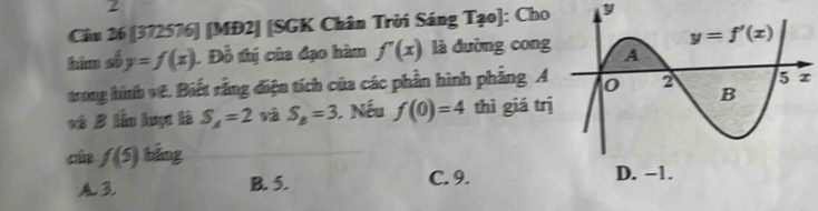 [372576] [MĐ2] [SGK Chân Trời Sáng T_20] ]: Cho y
hàm số y=f(x) 1 Đồ thị của đạo hàm f'(x) là dường cong
trong hình vệ. Biết rằng điện tích của các phần hình phẳng A
và B lẫn luợc là S_A=2 và S_8=3. Nếu f(0)=4 thì giá trị
của f(5) bằng
A 3. B. 5. C. 9.