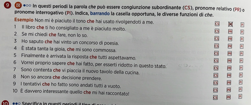 Ε ●∞ In questi periodi la parola che può essere congiunzione subordinante (CS), pronome relativo (PR) o 
pronome interrogativo (PI). Indica, barrando la casella opportuna, le diverse funzioni di che. 
Esempio Non mi è piaciuto il tono che hai usato rivolgendoti a me. CS PI 
1 Il libro che ti ho consigliato a me è piaciuto molto. 
a 
2 Se mi chiedi che fare, non lo so. 
3 Ho saputo che hai vinto un concorso di poesia. PI 
4 È stata tanta la gioia, che mi sono commossa. p 
5 Finalmente è arrivata la risposta che tutti aspettavamo. PI 
6 Vorrei proprio sapere che hai fatto, per esserti ridotto in questo stato. 
PI 
7 Sono contenta che vi piaccia il nuovo tavolo della cucina. 
P 
8 Non so ancora che decisione prendere. PI 
9 I tentativi che ho fatto sono andati tutti a vuoto. PI 
10 È davvero interessante quello che mi hai raccontato! PI