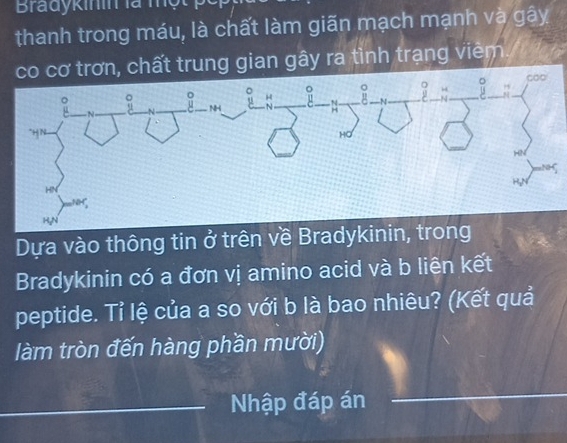 Bradykinin là mộ 
thanh trong máu, là chất làm giãn mạch mạnh và gây 
, chất trung gian gây ra tình trạng viêm. 
Dựa vào thông tin ở trên về Bradykinin, tr 
Bradykinin có a đơn vị amino acid và b liên kết 
peptide. Tỉ lệ của a so với b là bao nhiêu? (Kết quả 
làm tròn đến hàng phần mười) 
_Nhập đáp án 
_