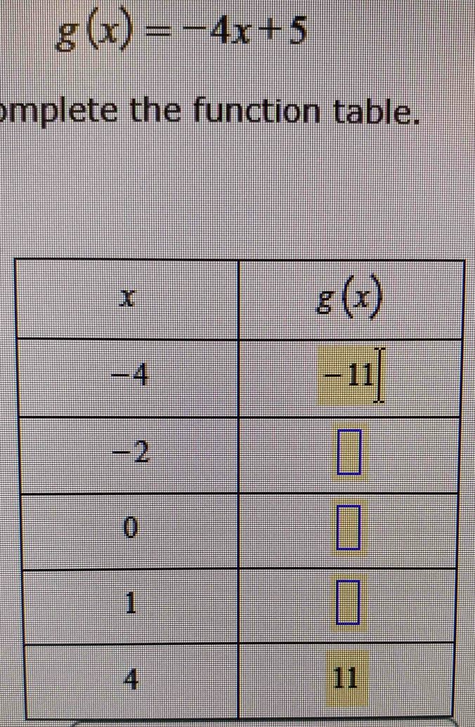 g(x)=-4x+5
mplete the function table.