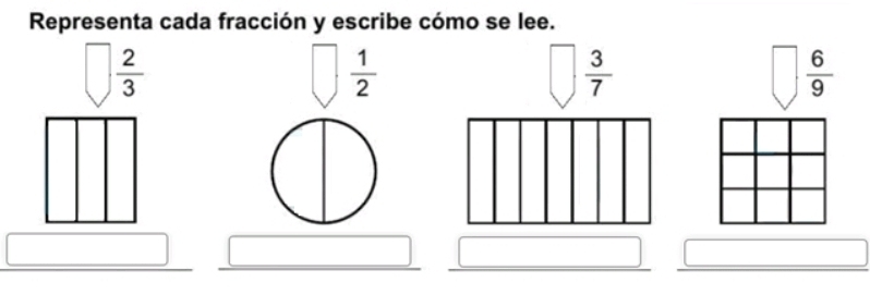 Representa cada fracción y escribe cómo se lee.
□  2/3 
 1/2 
 3/7 
 6/9 