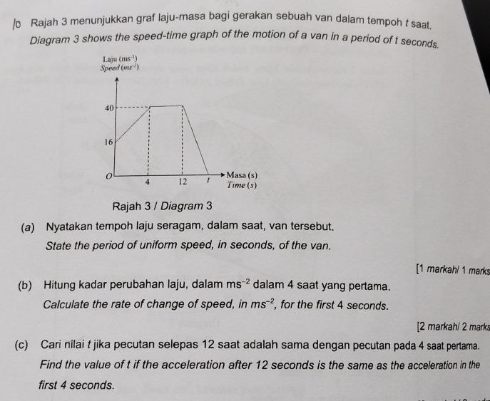 Rajah 3 menunjukkan graf laju-masa bagi gerakan sebuah van dalam tempoh t saat
Diagram 3 shows the speed-time graph of the motion of a van in a period of t seconds.
(a) Nyatakan tempoh laju seragam, dalam saat, van tersebut.
State the period of uniform speed, in seconds, of the van.
[1 markahl 1 marks
(b) Hitung kadar perubahan laju, dalam ms^(-2) dalam 4 saat yang pertama.
Calculate the rate of change of speed, in ms^(-2) , for the first 4 seconds.
[2 markah/ 2 marks
(c) Cari nilai t jika pecutan selepas 12 saat adalah sama dengan pecutan pada 4 saat pertama.
Find the value of t if the acceleration after 12 seconds is the same as the acceleration in the
first 4 seconds.