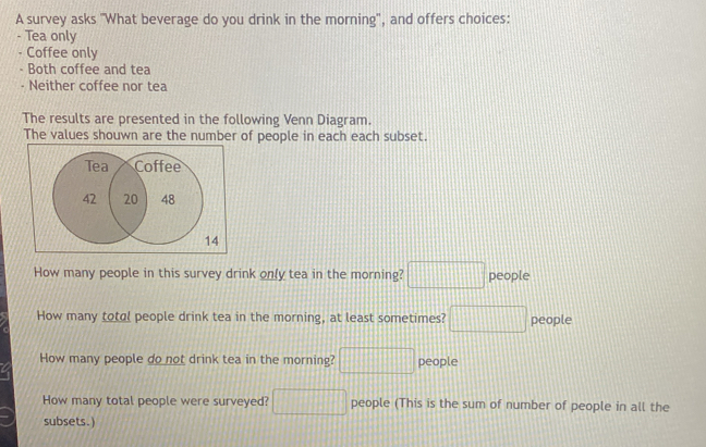 A survey asks "What beverage do you drink in the morning", and offers choices: 
- Tea only 
- Coffee only 
Both coffee and tea 
Neither coffee nor tea 
The results are presented in the following Venn Diagram. 
The values shouwn are the number of people in each each subset. 
How many people in this survey drink on(y tea in the morning? □ people 
How many total people drink tea in the morning, at least sometimes? □ people 
How many people do not drink tea in the morning? □ people 
How many total people were surveyed? □ people (This is the sum of number of people in all the 
subsets.)