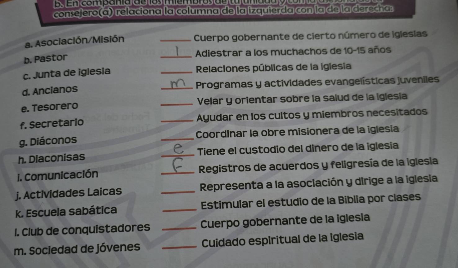 5, En companarde es membros ãs tunda ó comb a 
consejero(a) relaciona la columna de la izquierda con la de la derecha: 
a. Asociación/Misión _ Cuerpo gobernante de cierto número de iglesias 
_ Adiestrar a los muchachos de 10- 15 años 
b. Pastor 
c. Junta de iglesia _ Relaciones públicas de la iglesia 
d. Ancianos _ Programas y actividades evangelísticas juveniles 
e. Tesorero _Velar y orientar sobre la salud de la iglesia 
f. Secretario _Ayudar en los cultos y miembros necesitados 
g. Diáconos _ Coordinar la obre misionera de la iglesia 
h. Diaconisas _Tiene el custodio del dinero de la iglesia 
i. Comunicación _ Registros de acuerdos y feligresía de la iglesia 
j. Actividades Laicas _ Representa a la asociación y dirige a la iglesia 
k. Escuela sabática _Estimular el estudio de la Biblia por clases 
I. Club de conquistadores _ Cuerpo gobernante de la iglesia 
m. Sociedad de jóvenes _Cuidado espiritual de la iglesia