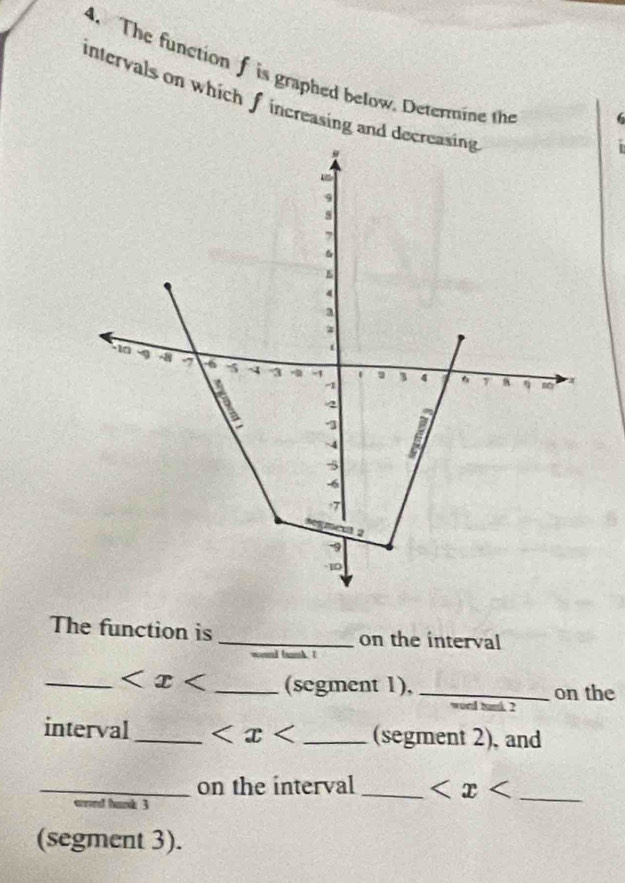 The functionf is graphed below. Determine the 
intervals on which f increasing and
6
The function is _on the interval 

_ _(segment 1), _on the 
w and ba 
interval_ _(segment 2), and 
_on the interval _ _ 
wrrd hank 3 
(segment 3).