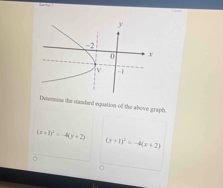 Question *
1 point
Determine the standard equation of the above graph.
(x+1)^2=-4(y+2)
(y+1)^2=-4(x+2)