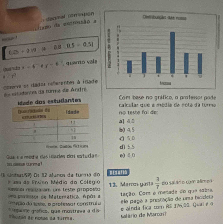 ) decimal correspion
Desintução das notas
sultado da expressão
teqar?
6
0.25+0.19 (4 0,8 0.5-0.5)
Guando x=6 y-6 quanto vale
a:1 y?
Dnserve os dados referentes à idade
Notes
o estudantes da turma de André.
studantes
Com base no gráfico, o professor pode
calcular que a média da nota da turma
no teste foi de:
a) 4,0
b) 4,5
c) 5,0
Fonte: Dados fí d) 5.5
Qual é a média das idades dos estudan e) 6,0
tas dessa turma?
1ª «Unifaat/SP) Os 32 álunos da turma do DESAFIO
ma do Ensino Médio do Colégio 13. Marcos gasta  3/7  do salário com alimen-
Alevinos realizaram um teste proposto
Reio professor de Matemática. Após a tação. Com a metade do que sobra,
conreção do teste, o professor construiu ele paga a prestação de uma bicicleta
* leguinte gráfico, que mostrava a dis- e ainda fica com RS 376,00. Quai é o
I buição de notas da turma.
salário de Marcos?